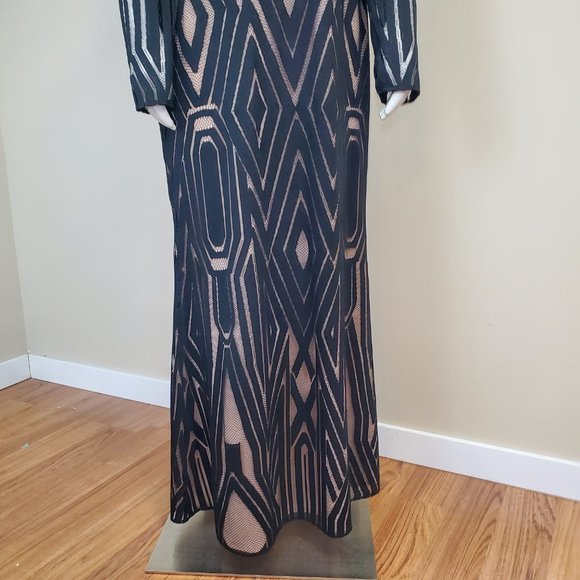 BCBGMAXAZIRA VEIRA DRESS geometric Illusion Boho Maxi Dress Sz 10 black/Nude - Picture 3 of 12